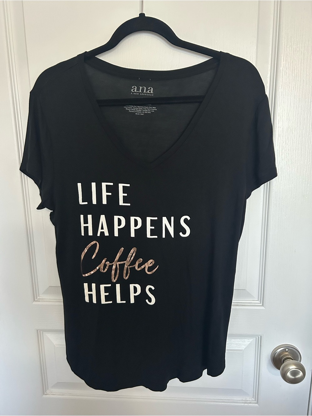 a.n.a Black V-Neck Tee with White and Metallic Coffee-Tone Graphic